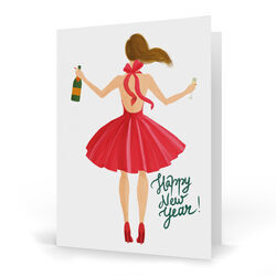 Brunette Holiday Girl with Champagne Folded New Year Cards